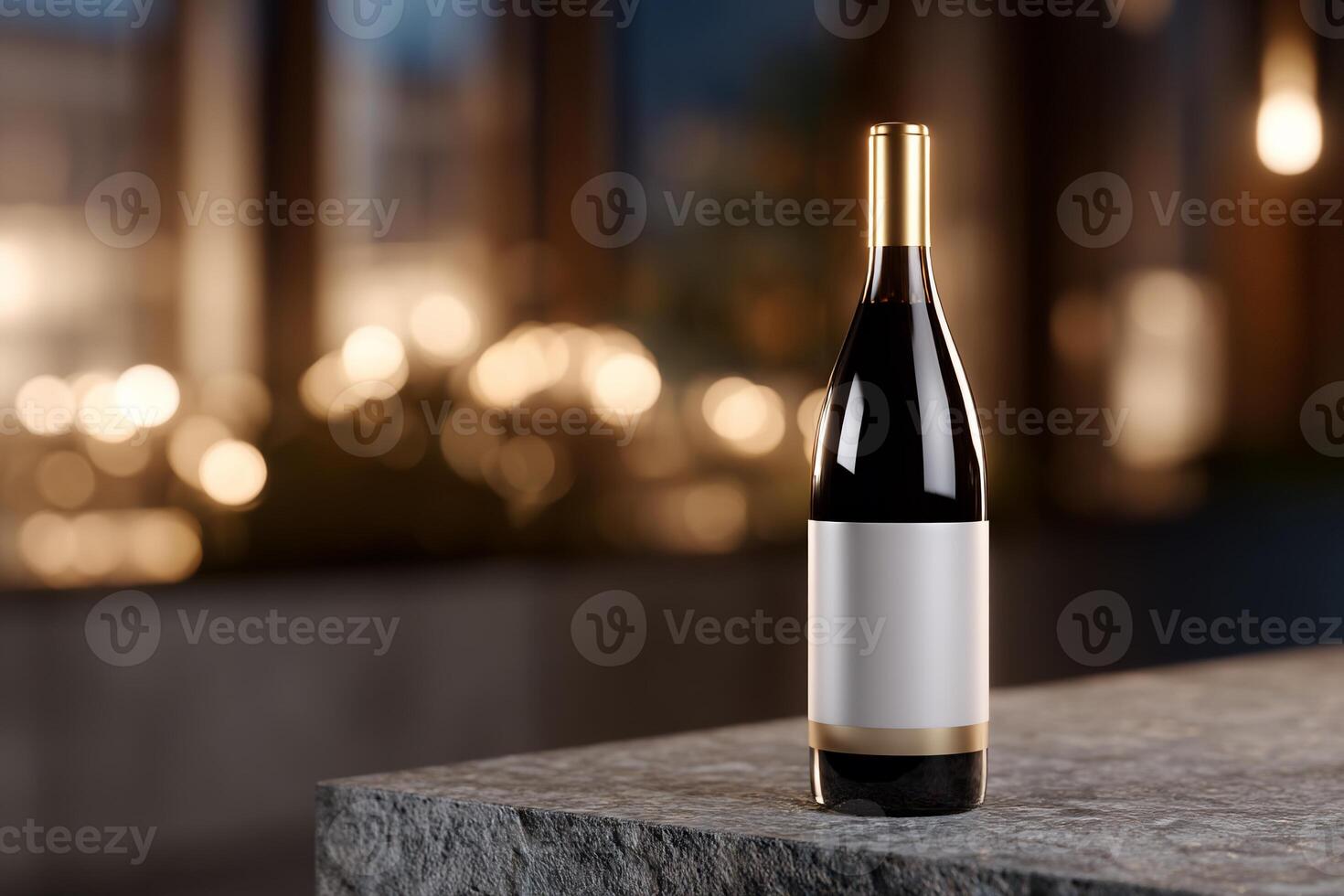 Red wine bottle on a stone surface in a dimly lit restaurant setting photo