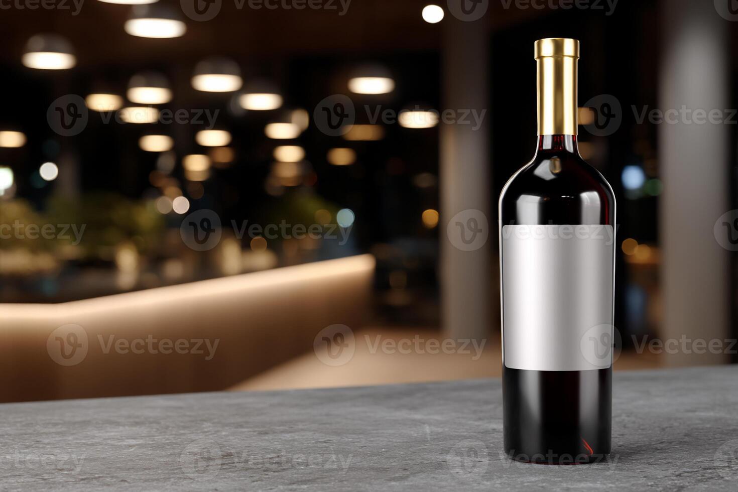 Red wine bottle on a countertop, modern interior background photo