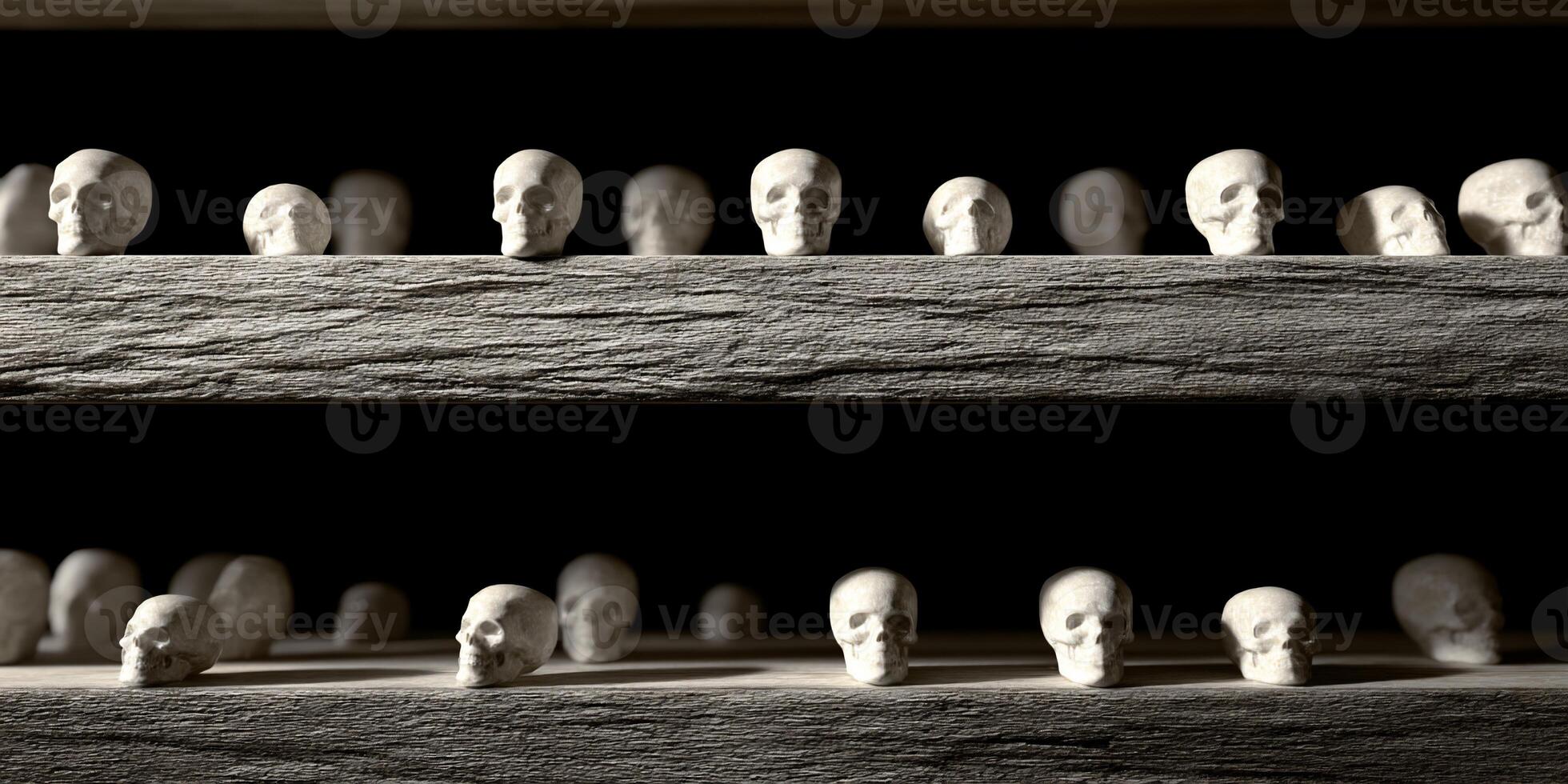 Miniature skulls arranged on wooden shelves photo