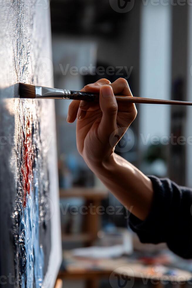 A person is holding a brush and painting on a canvas photo