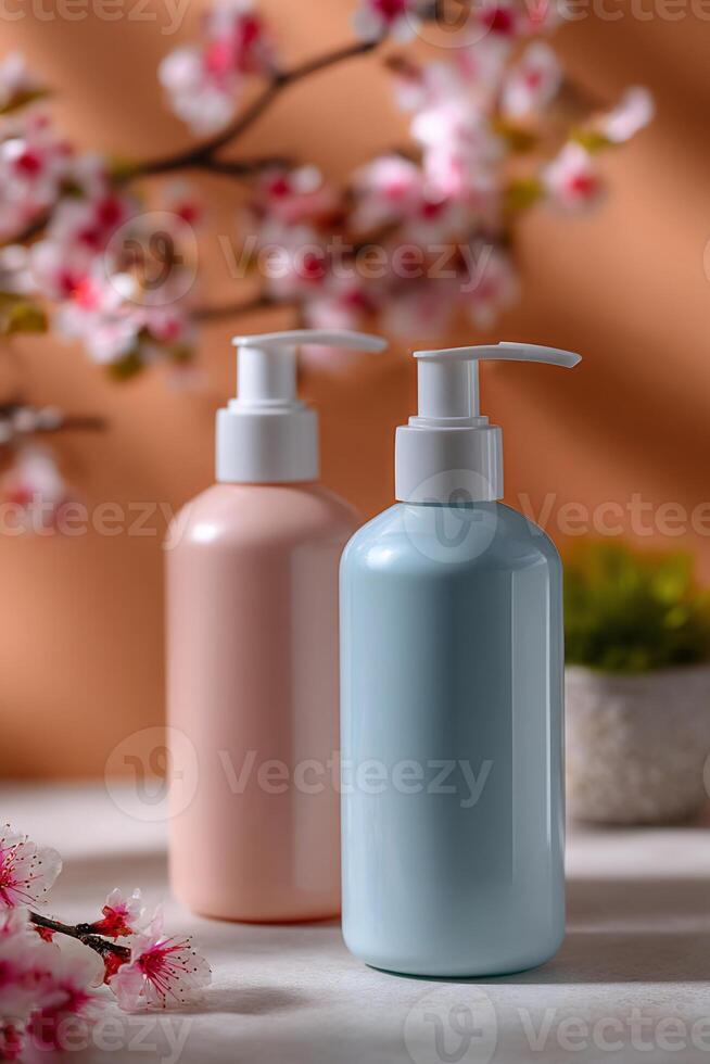 Two pastel-colored pump bottles of lotion or hand soap, set against a backdrop of delicate pink blossoms, on a light-colored surface photo