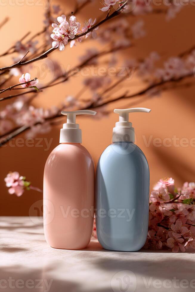 Two pastel-colored pump bottles sit on a light surface, surrounded by cherry blossom branches. Soft light and shadows create a delicate aesthetic photo