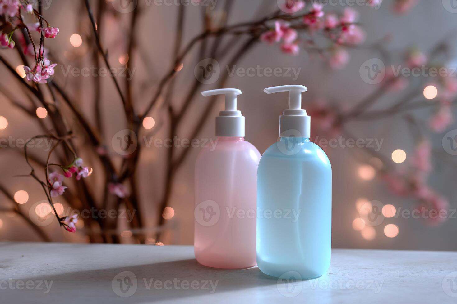 Two bottles of lotion or cleanser, pink and light blue, sit on a marble surface, with bokeh lights and cherry blossom branches in the background photo