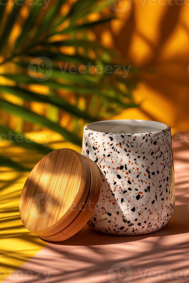 Terracotta storage jar with bamboo lid photo