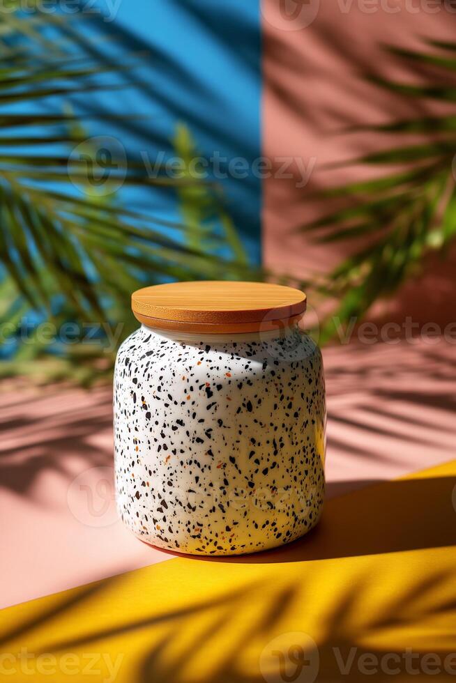 Terracotta jar with speckled design, nestled in vibrant sunlit backdrop photo