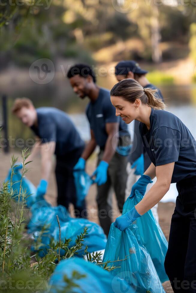 Diverse group picking up trash by a lake photo