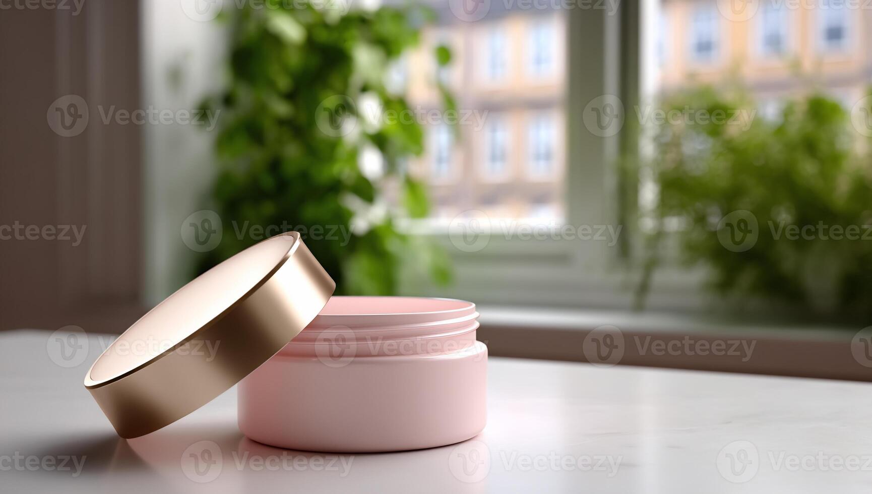 A pink container with a lid on a table photo