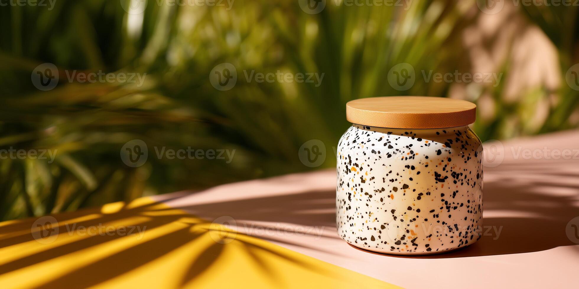 Pottery jar with speckled design, sunlight photo