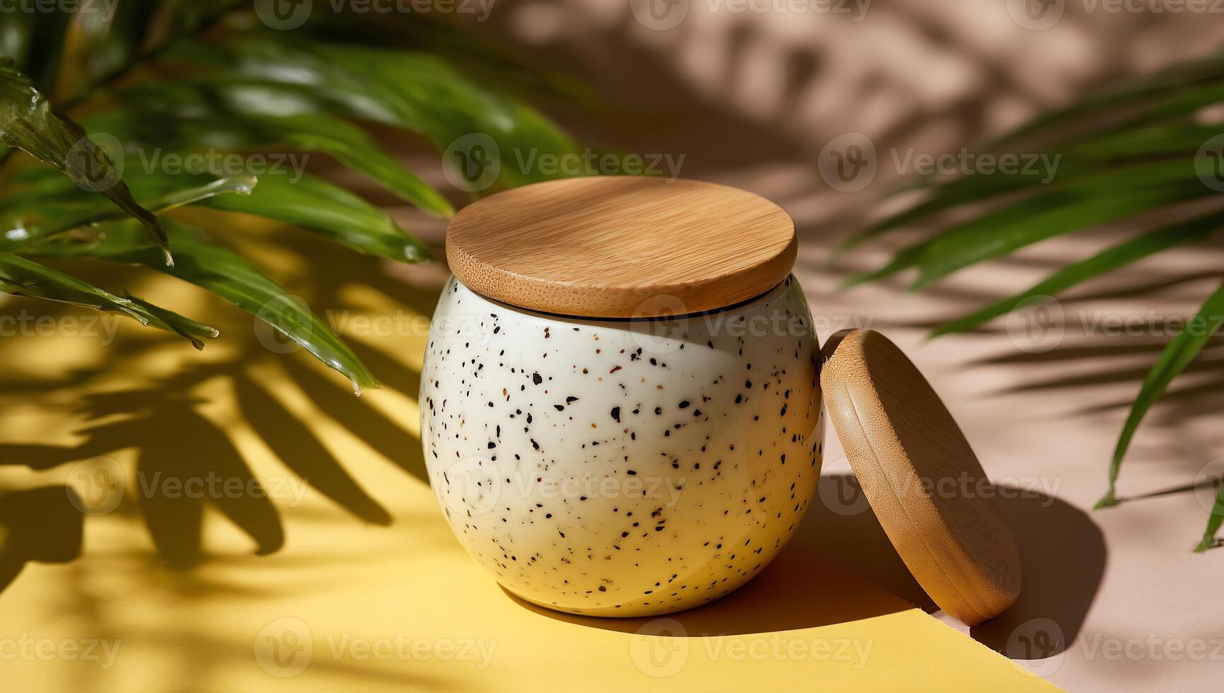 Cream ceramic jar, wooden lid, tropical leaves photo