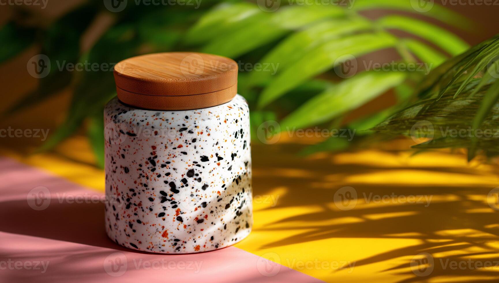Terracotta jar with wooden lid, tropical backdrop photo