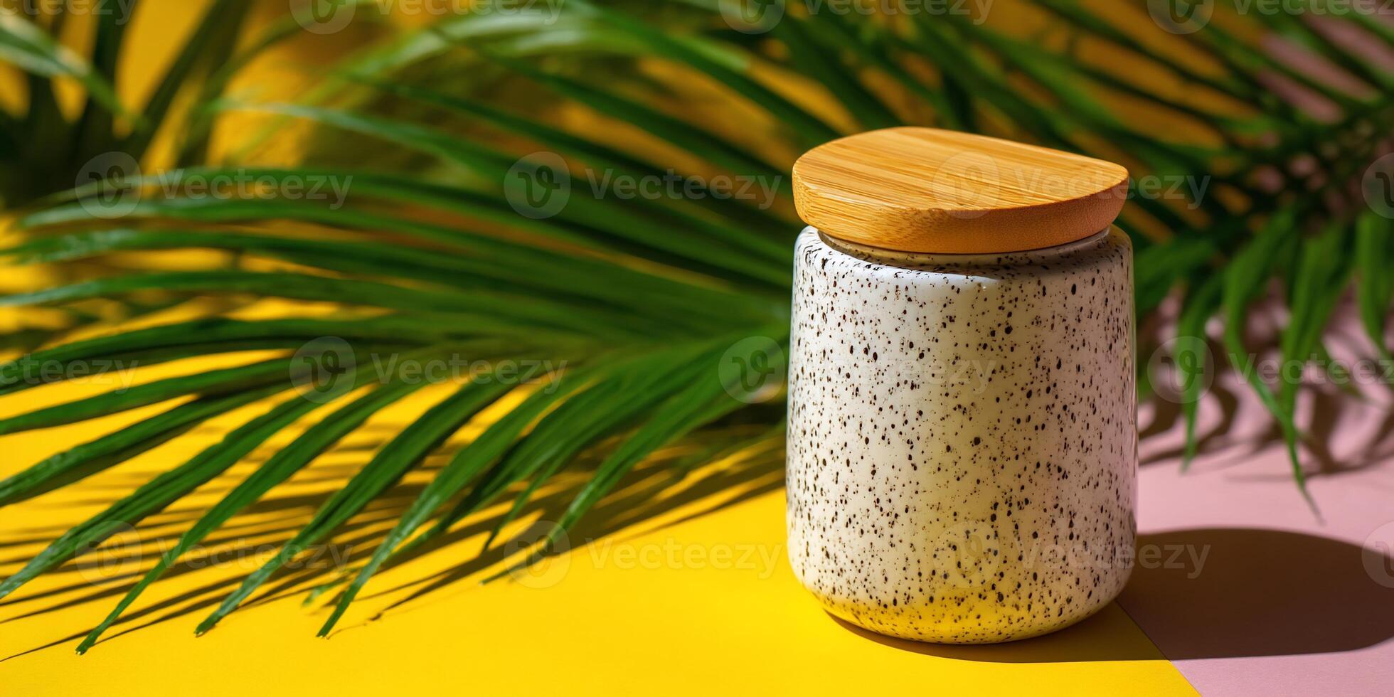 Ceramic jar with wooden lid, tropical leaves photo