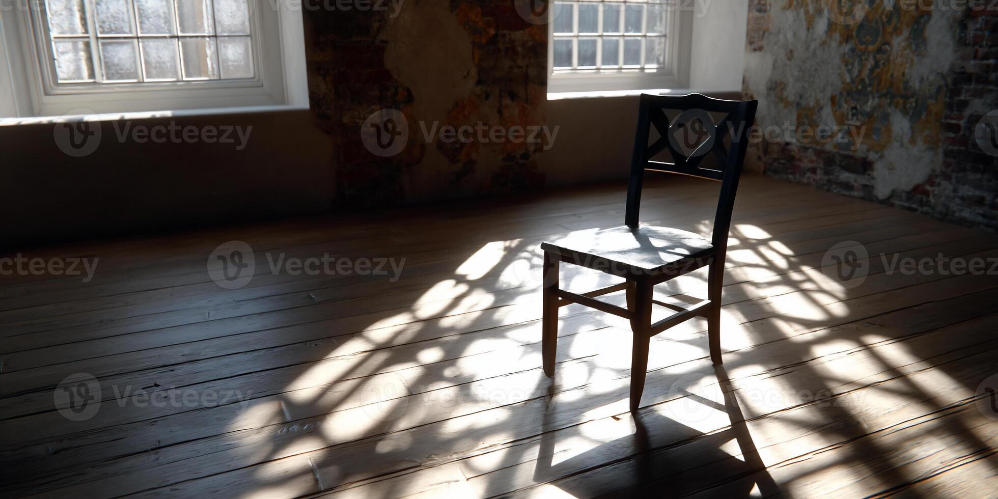 Empty room, single chair, sunlit shadows photo