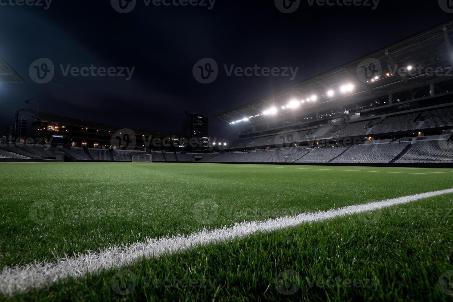 A soccer field at night with lights on photo