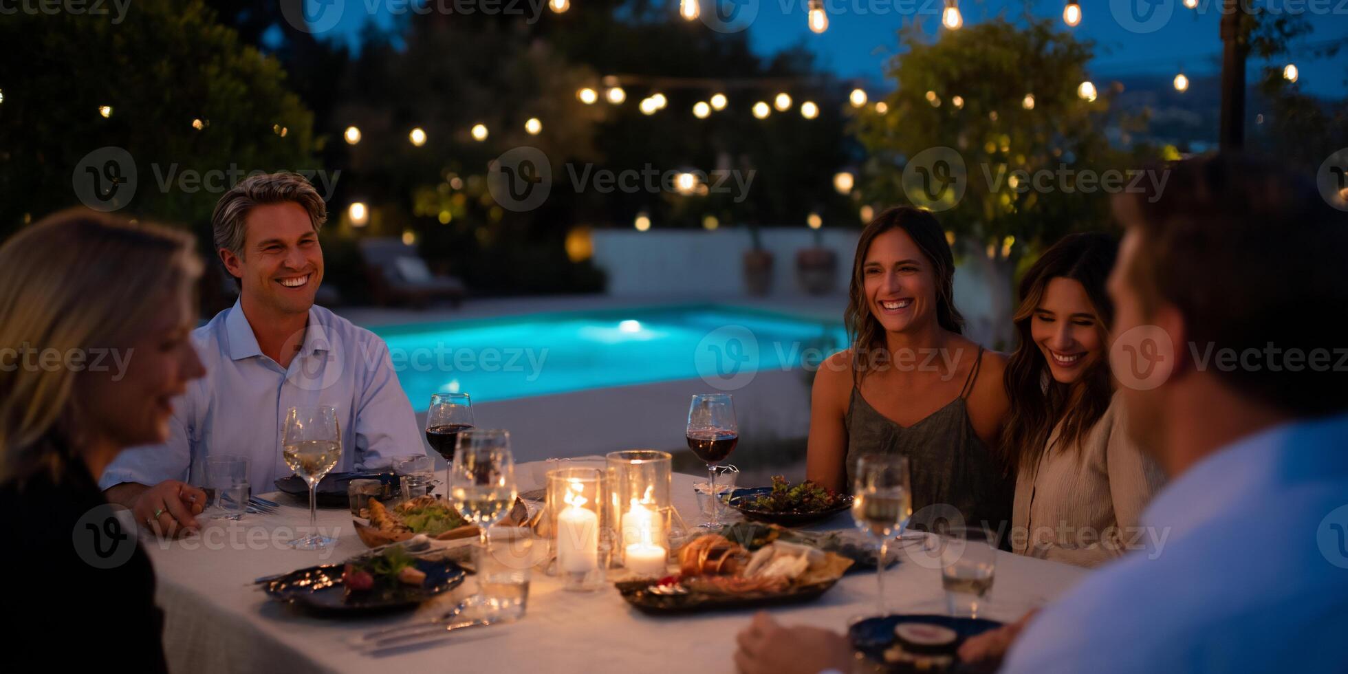 Outdoor dining under string lights. Group of friends gather around a table laden with food and drinks, by a pool at night photo
