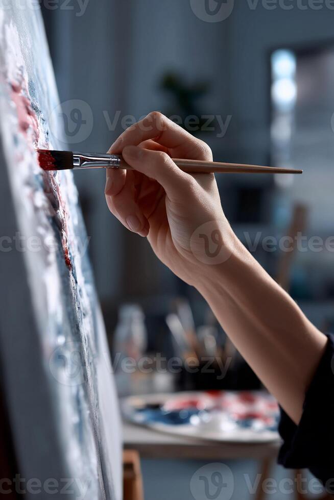 A person is holding a brush and painting on an easel photo