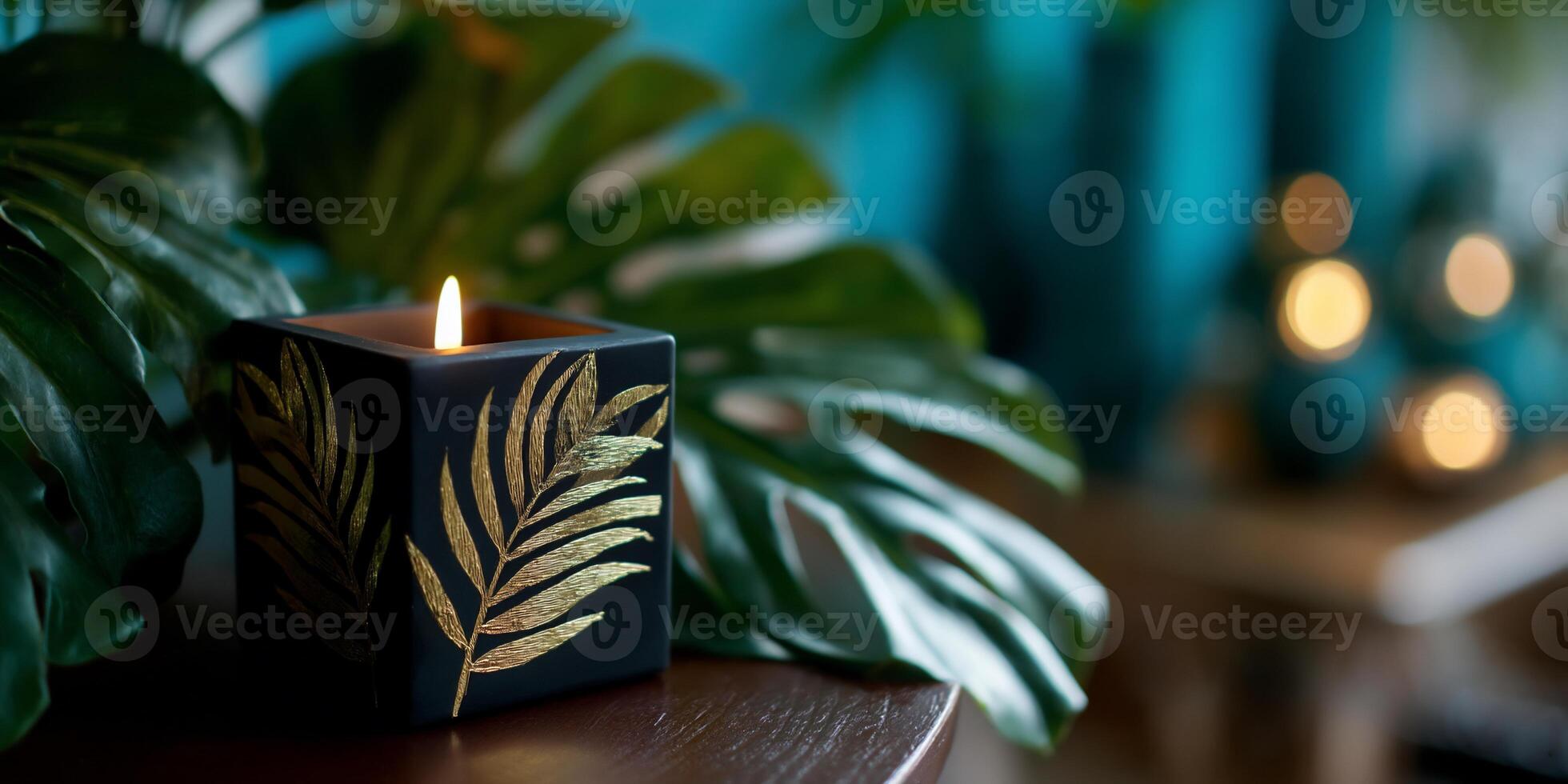 Dark square candle with gold leaf tropical design, surrounded by greenery photo