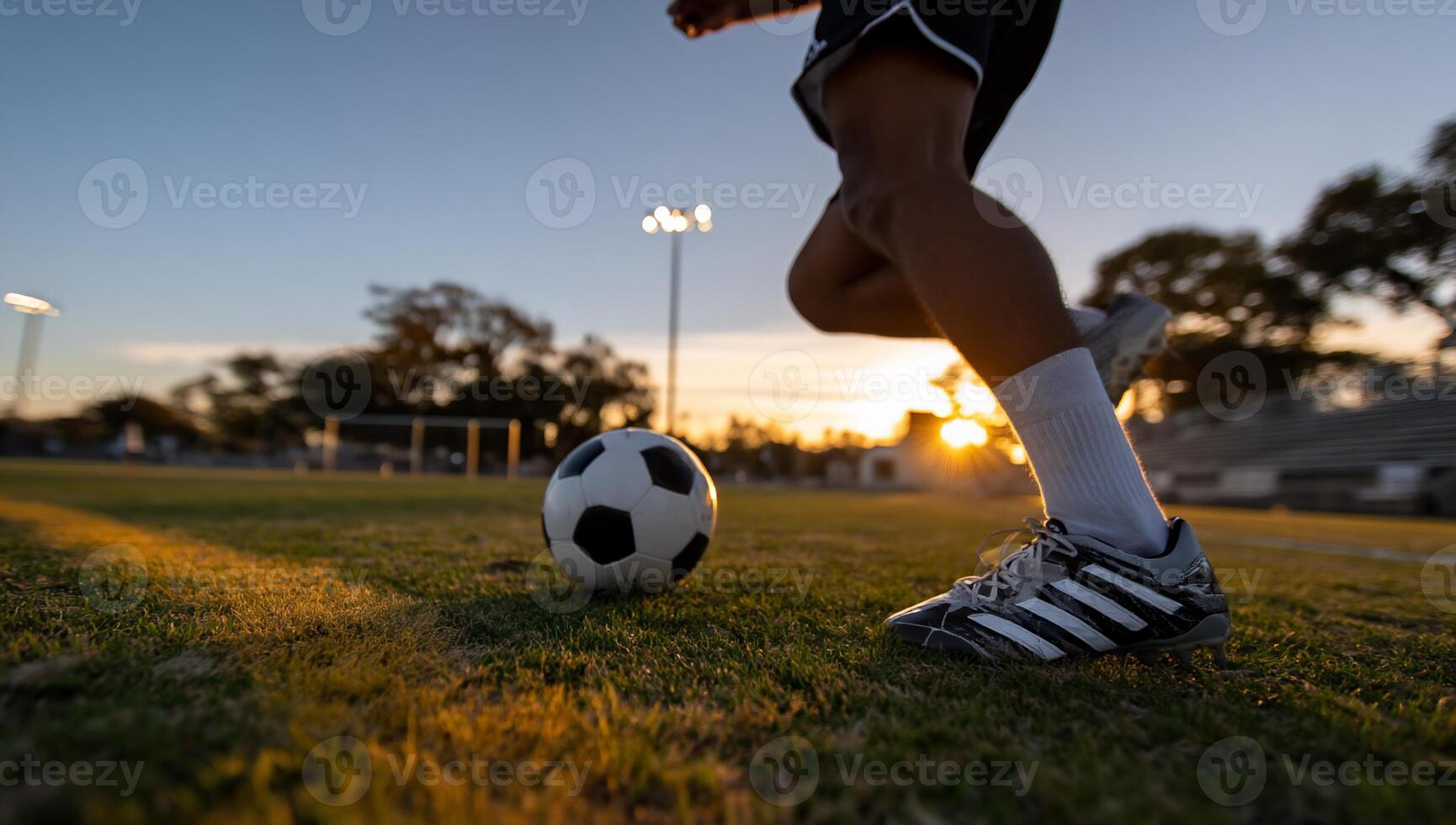 Low angle view of a soccer player in action, legs and feet focused, sunset background photo