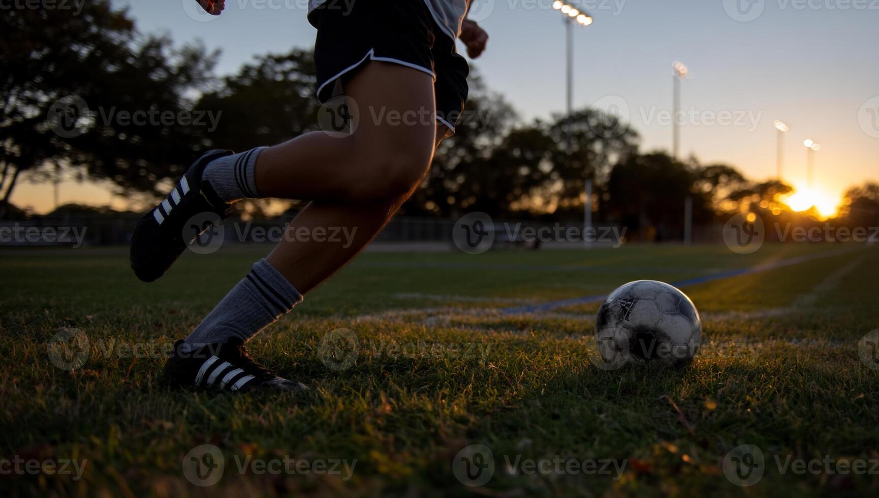 Close-up of a runner in soccer action at sunset photo