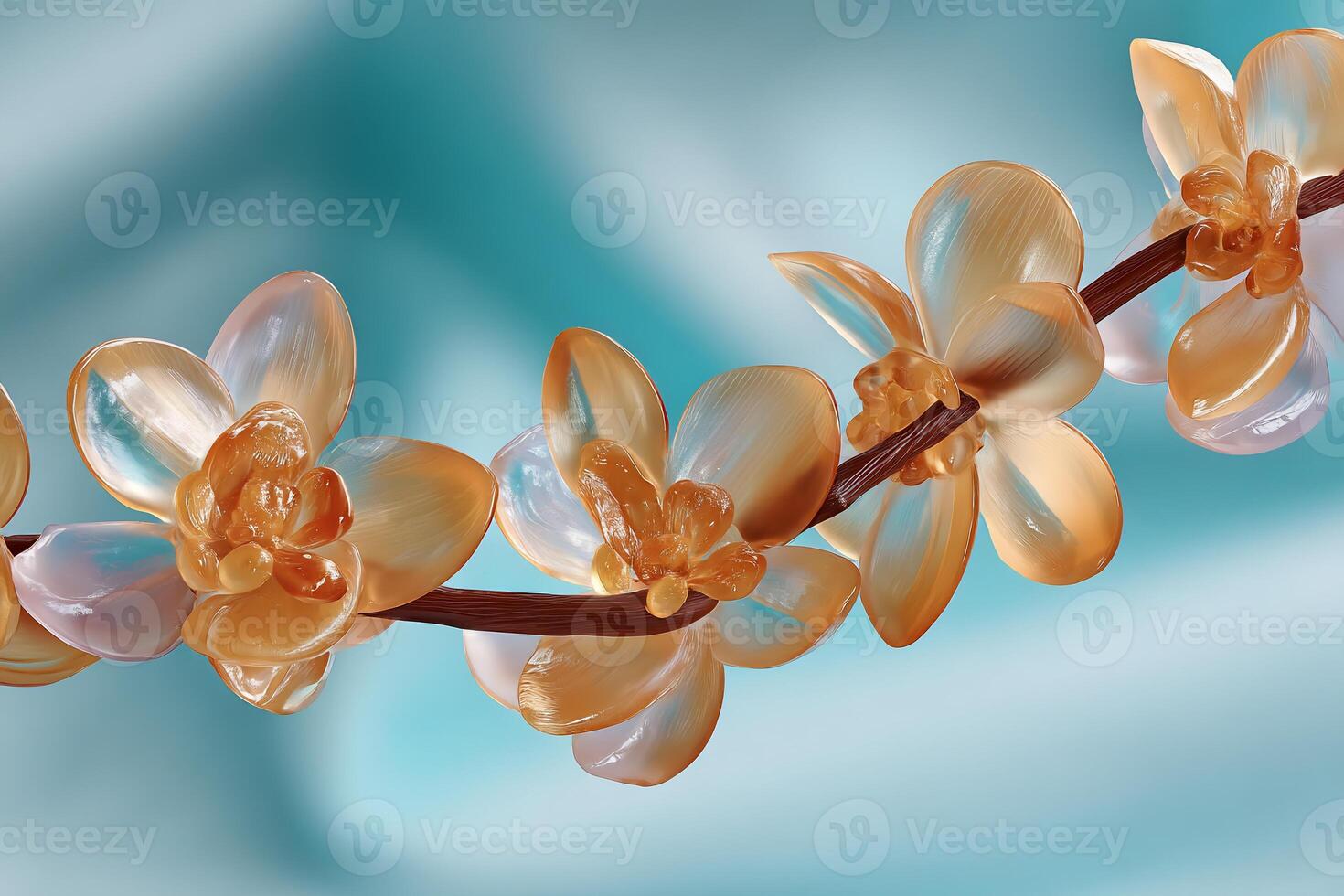 Delicate, light-orange orchids bloom on a soft teal background photo