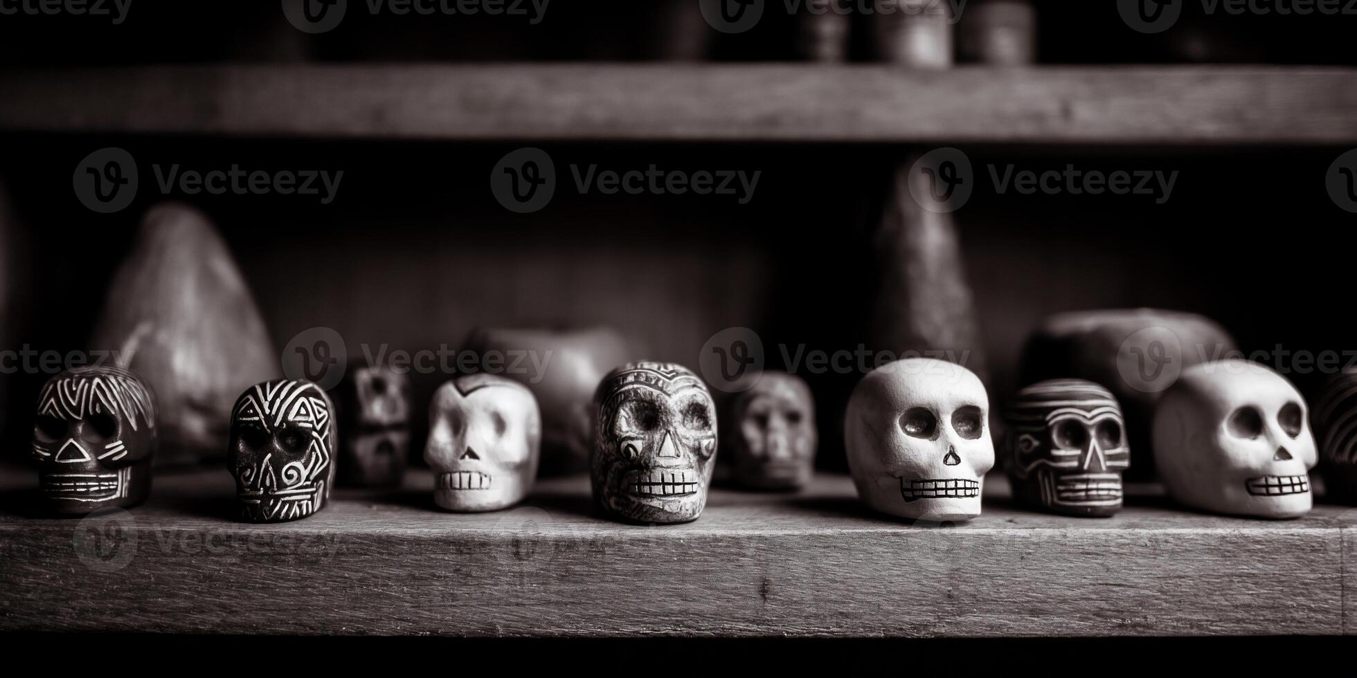 Row of decorative skulls on a wooden shelf photo