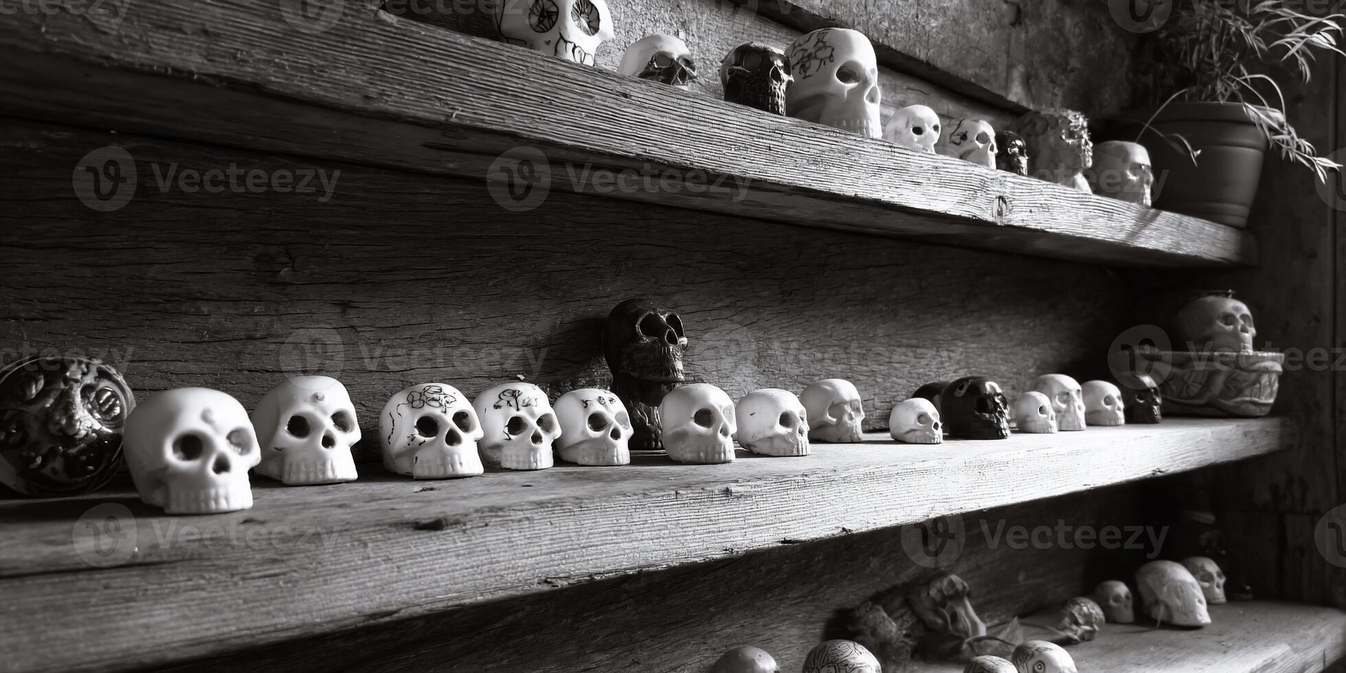 Miniature skulls adorn rustic wooden shelves photo