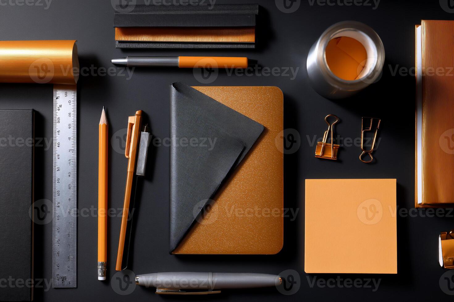 A desk with various office supplies including a pen, pencil, paper, and a notebook photo