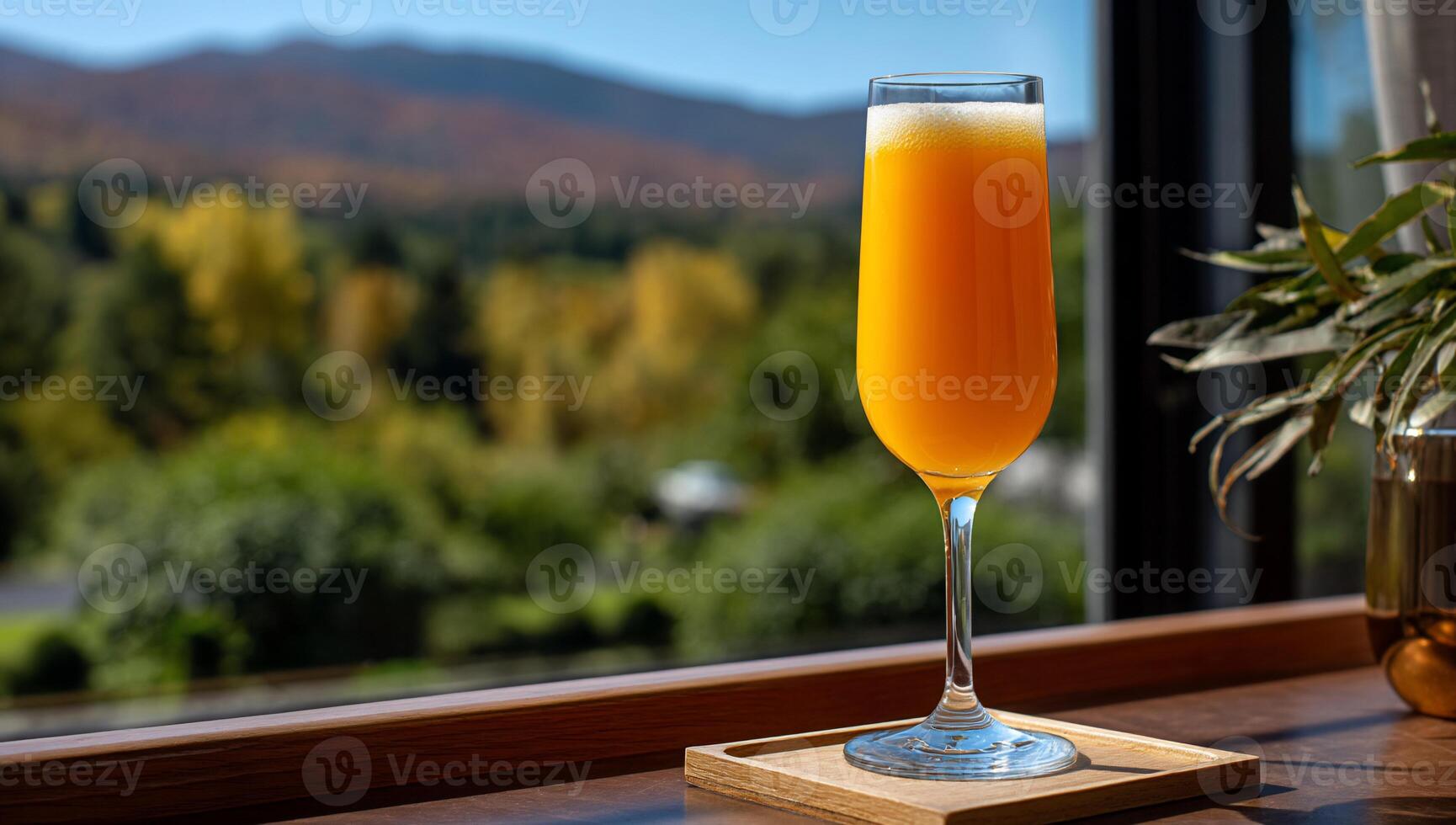 A glass of orange juice sitting on a table in front of a window photo