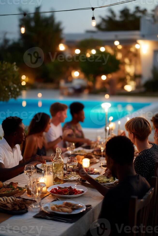 Group dining outdoors by a pool at dusk photo