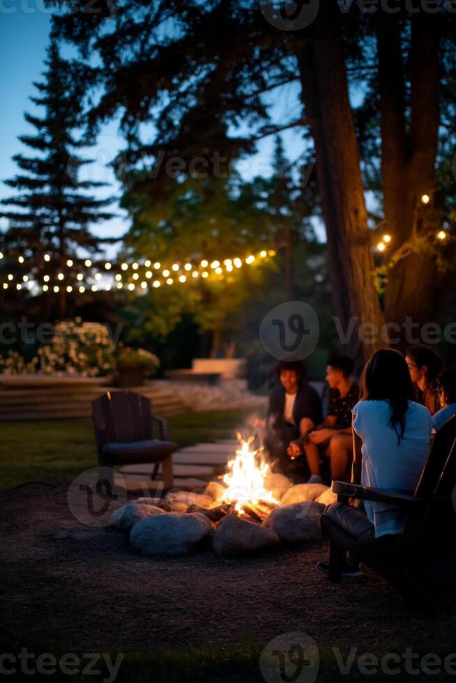 Evening campfire gathering. Friends sit around a fire photo