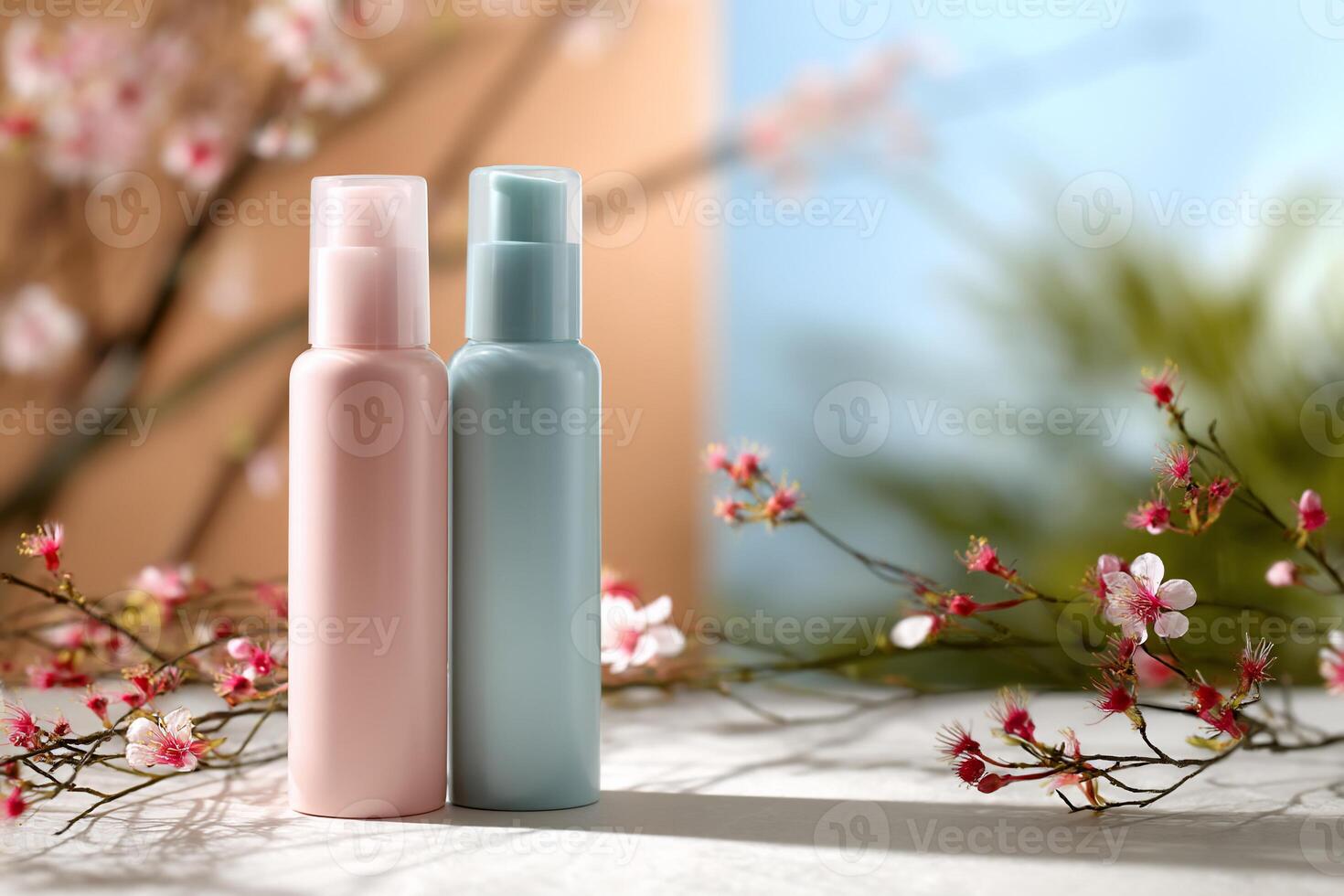 Two pastel-colored cosmetic bottles, light pink and light teal, stand on a white surface amidst cherry blossoms and a soft background of out-of-focus greenery photo