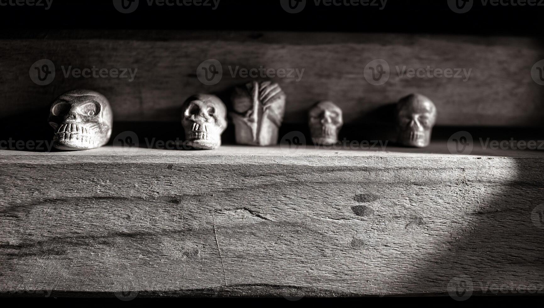 Miniature skulls on a rustic shelf photo