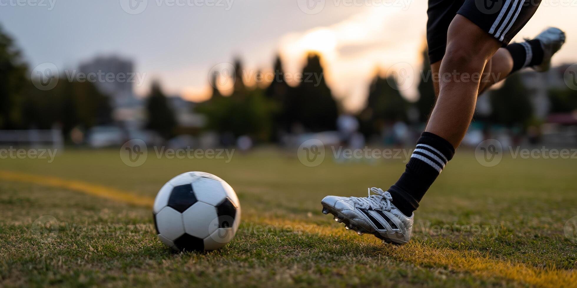 Soccer player kicking a ball on a grassy field at sunset photo