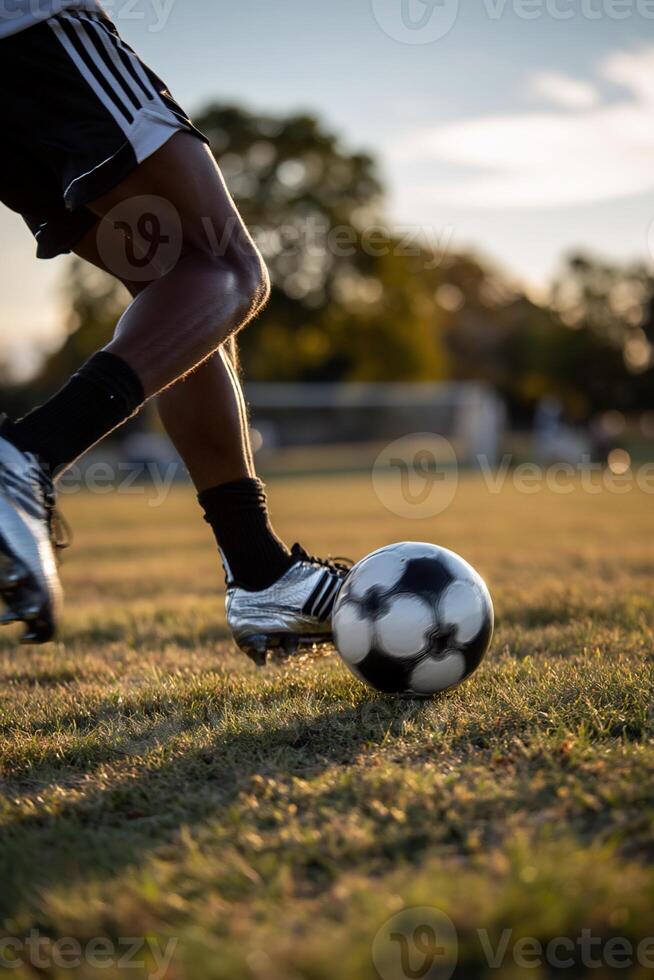 Close-up of soccer player's legs and foot kicking a soccer ball on a grassy field photo