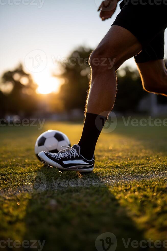 A soccer player kicking a ball on a field photo