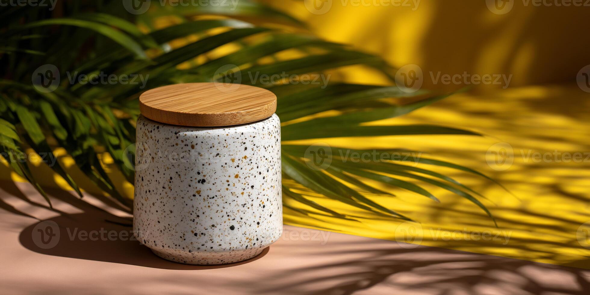 Stylish ceramic canister with wooden lid photo