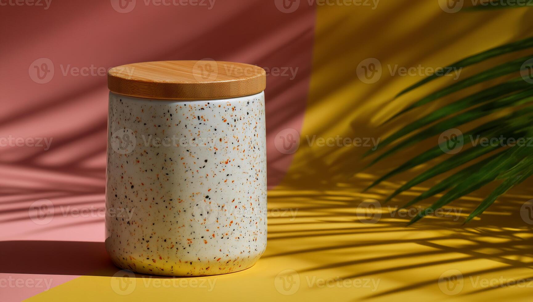 Ceramic canister with wooden lid, pastel colors photo