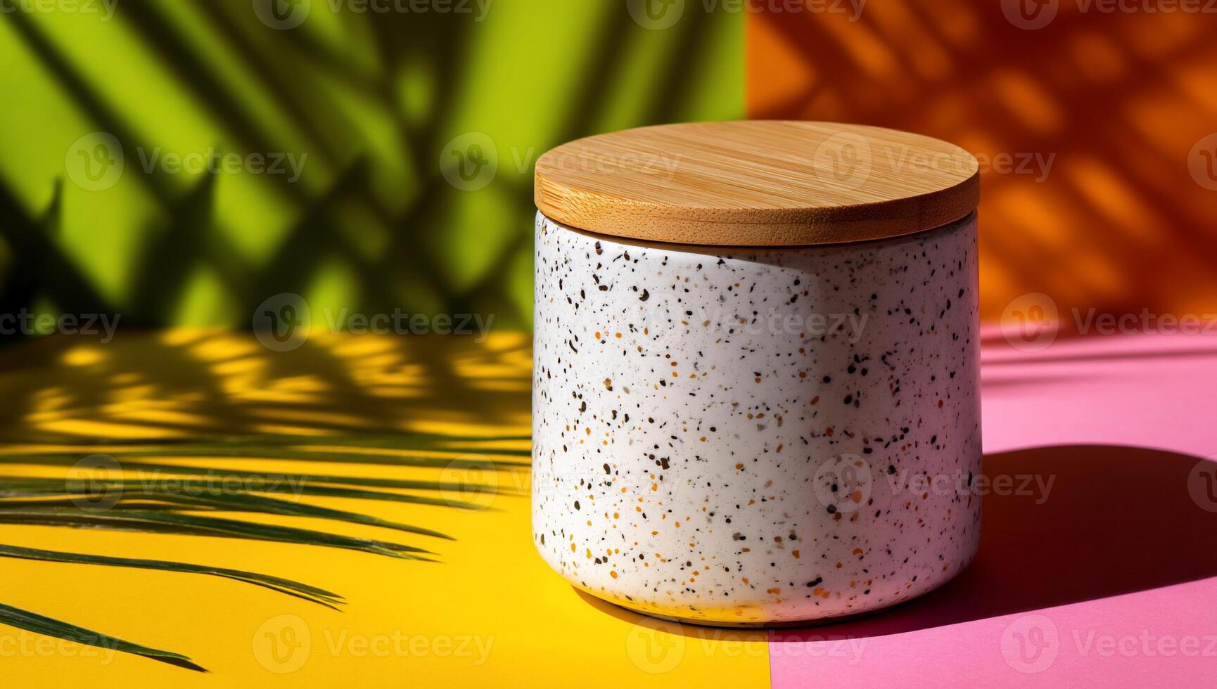 Ceramic canister with wooden lid, set against a vibrant backdrop of yellow, pink, and green. Palm leaf shadows add a tropical touch photo