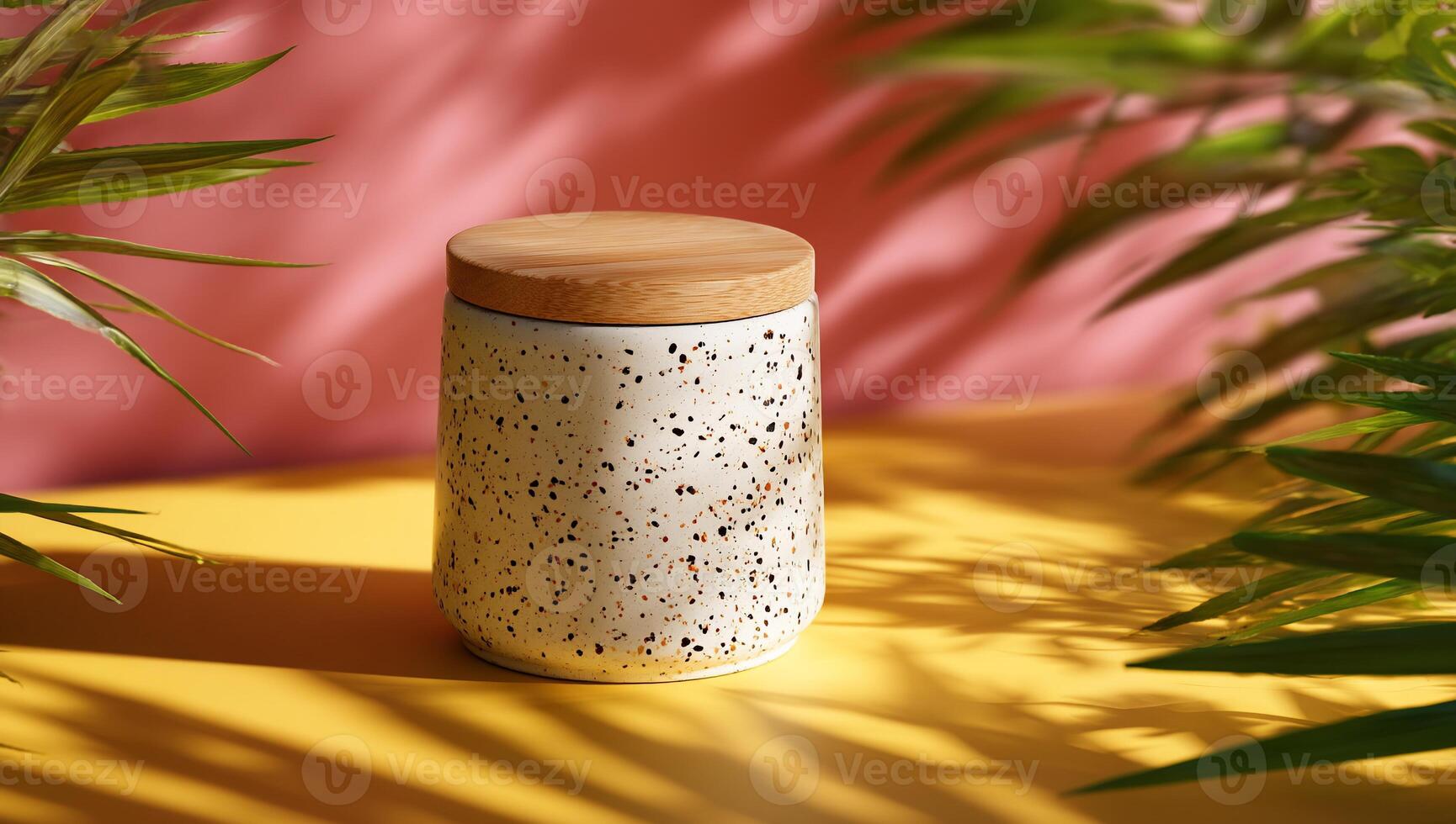 Terracotta canister with wooden lid, surrounded by tropical foliage on a backdrop of pink and yellow photo