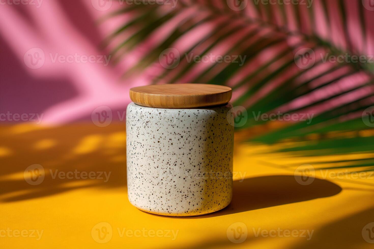 Ceramic canister with wooden lid, sunlit backdrop photo