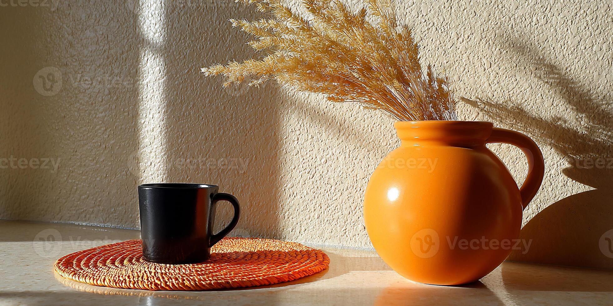 Sunny corner with orange vase, black mug, and dried grasses photo