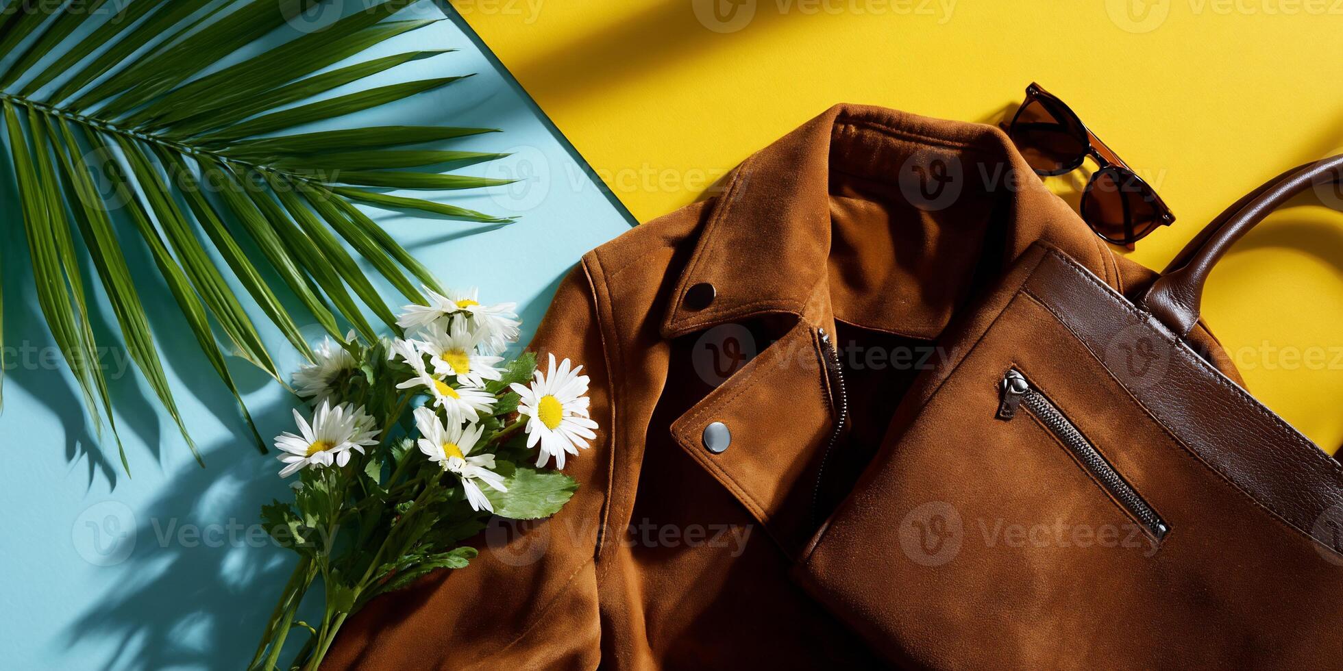 Summer Style Suede jacket, flowers, bag, sunglasses photo