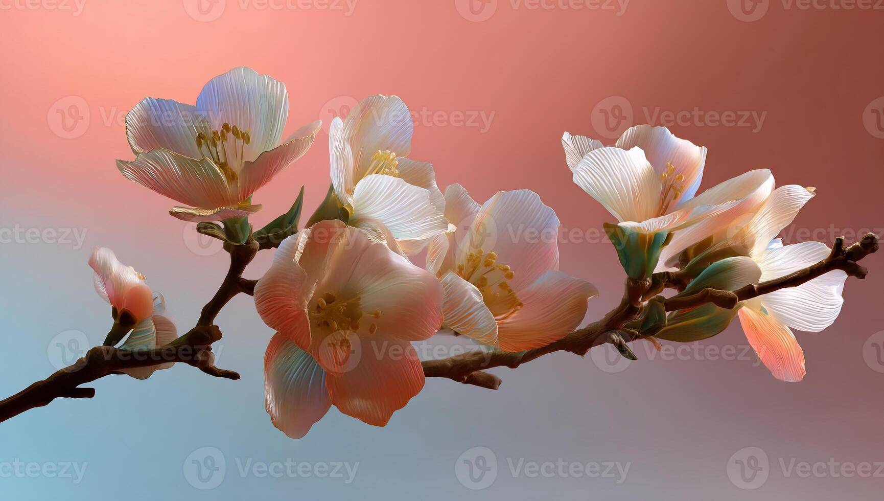Delicate peach blossoms on a branch, soft pastel colors photo