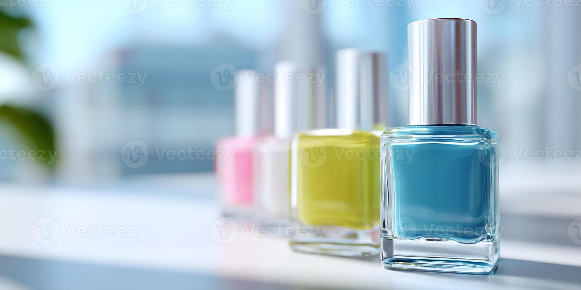Colorful nail polish bottles in glass containers photo