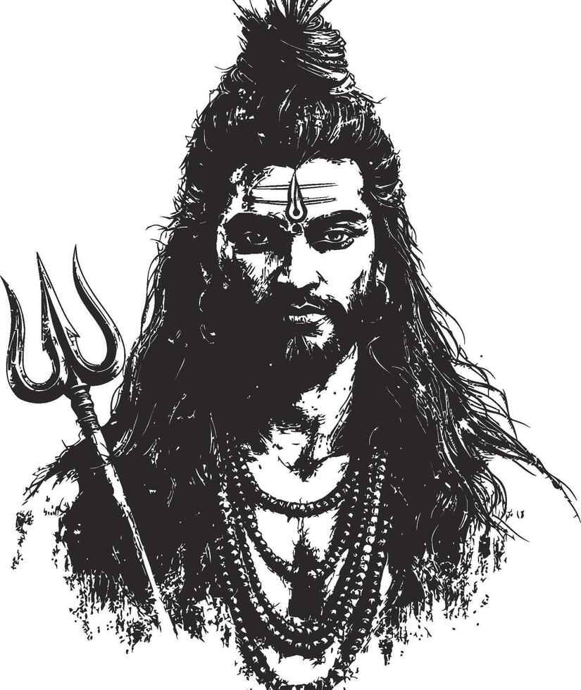 Detailed Black and White Illustration of a Hindu God with Trident vector