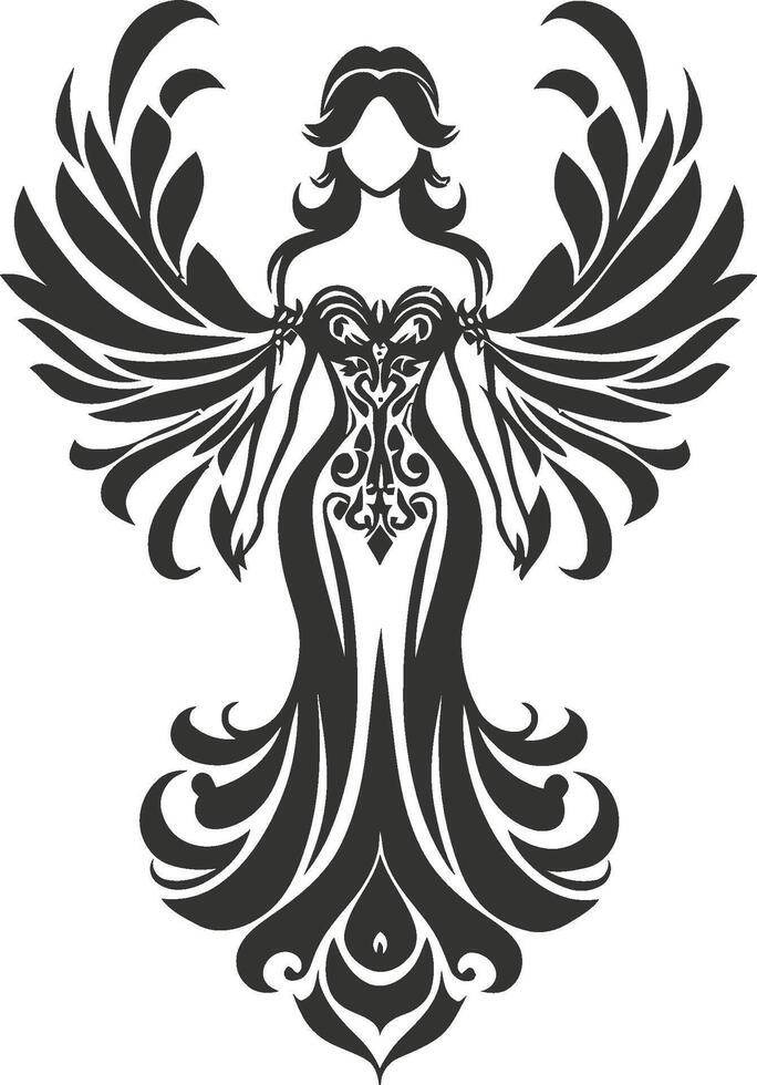 Elegant Black and White Illustration of a Stylized Angelic Figure vector