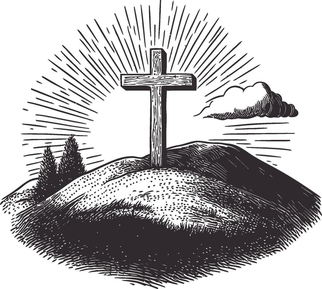 Vintage Style Cross on Hill with Rays and Clouds in Black and White vector