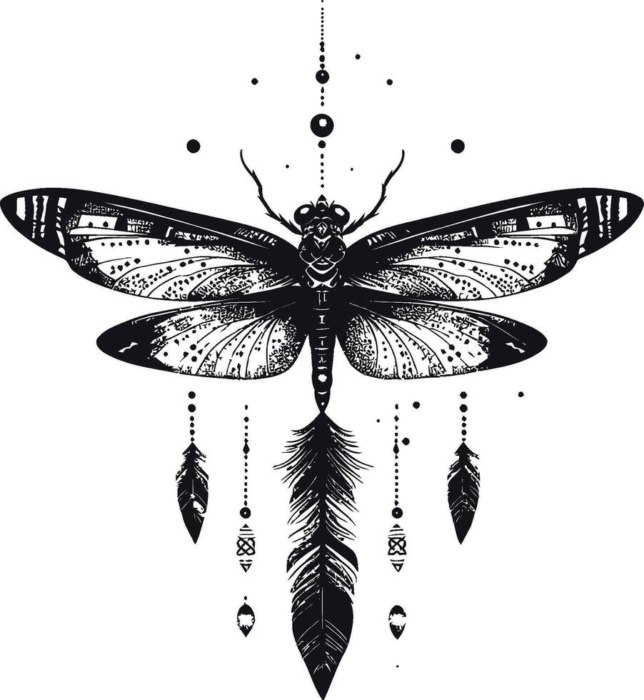 Intricate Black and White Butterfly Design with Geometric Elements and Feathers vector