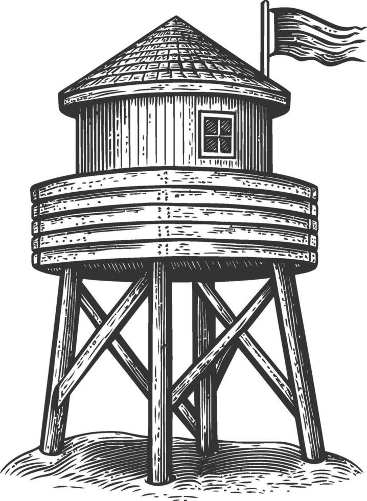 Vintage Wooden Water Tower Illustration in Black and White Style vector