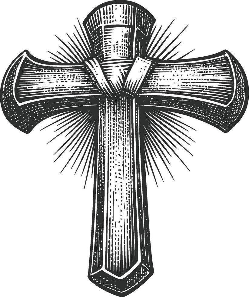 Detailed Vintage Style Cross Illustration with Radiant Background Effects vector