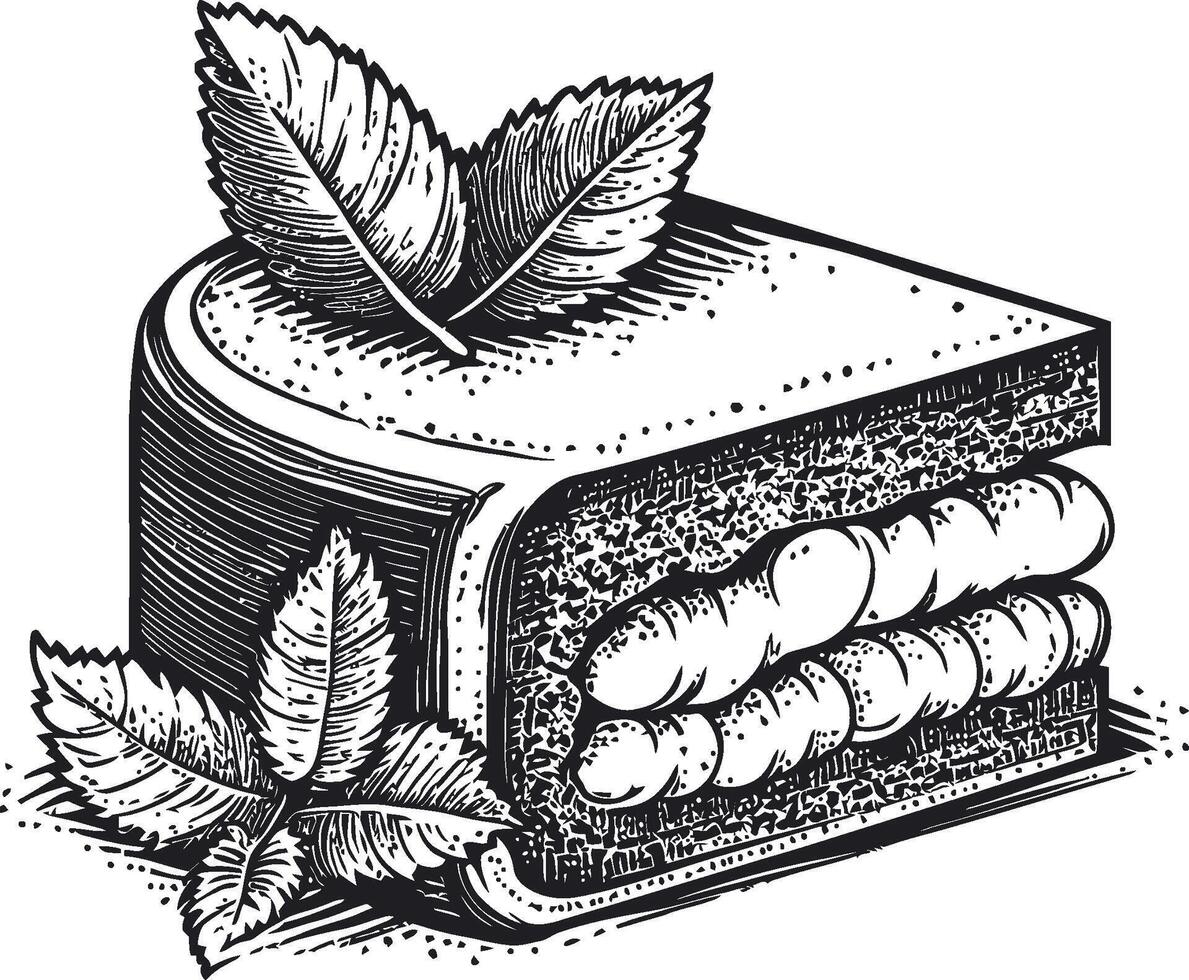 Detailed Vintage Illustration of a Slice of Cake with Mint Leaves vector